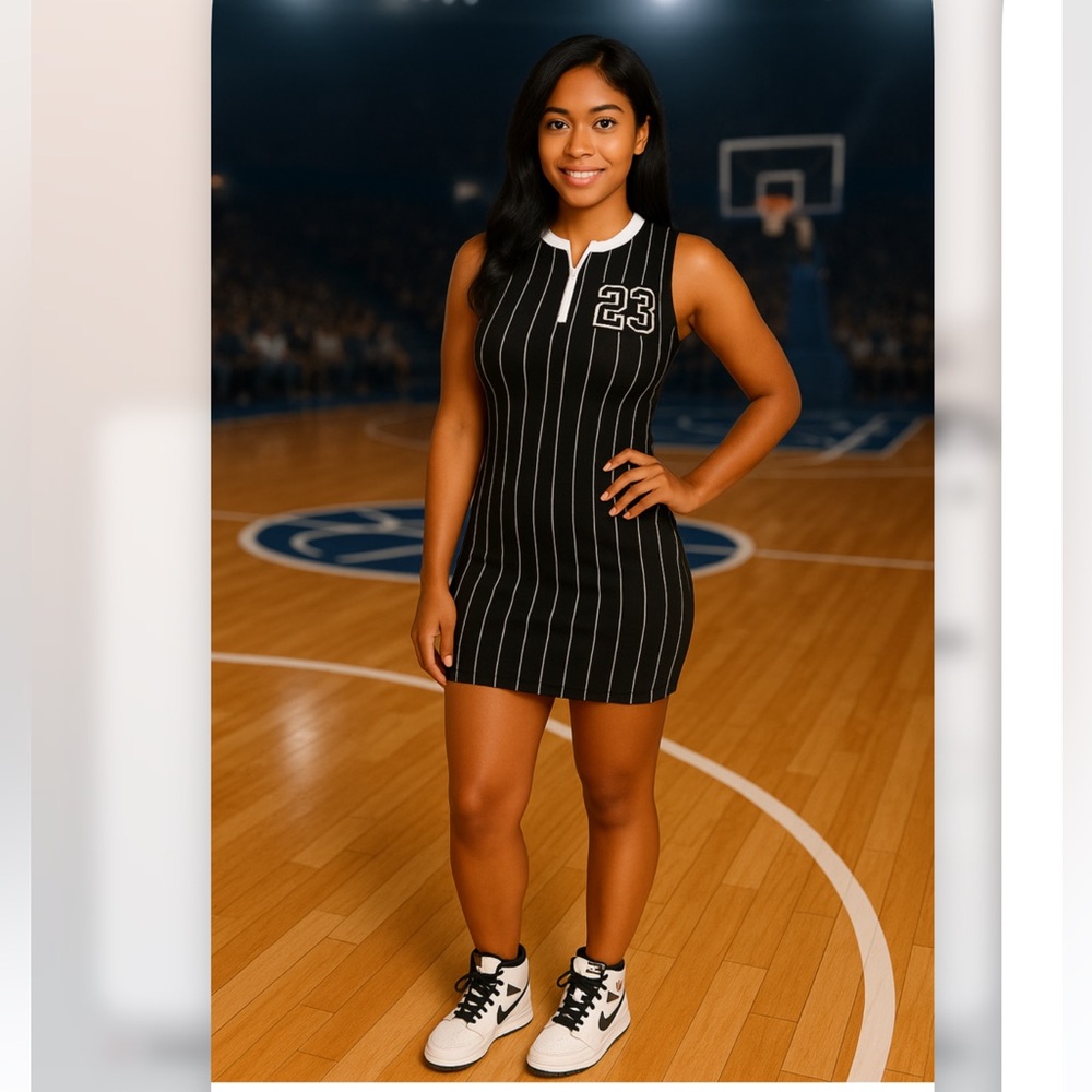 Basketball Stretchy 23 Black White Stripe Midi Dress Jersey Style